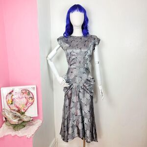 Vintage 80s Does 40s Silver Floral Brocade Dress